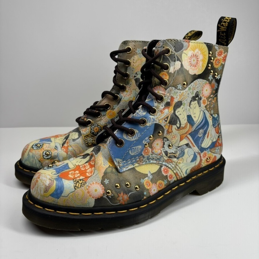 Dr. Martens Floral Ukiyo-e Combat Boots in Multicolor